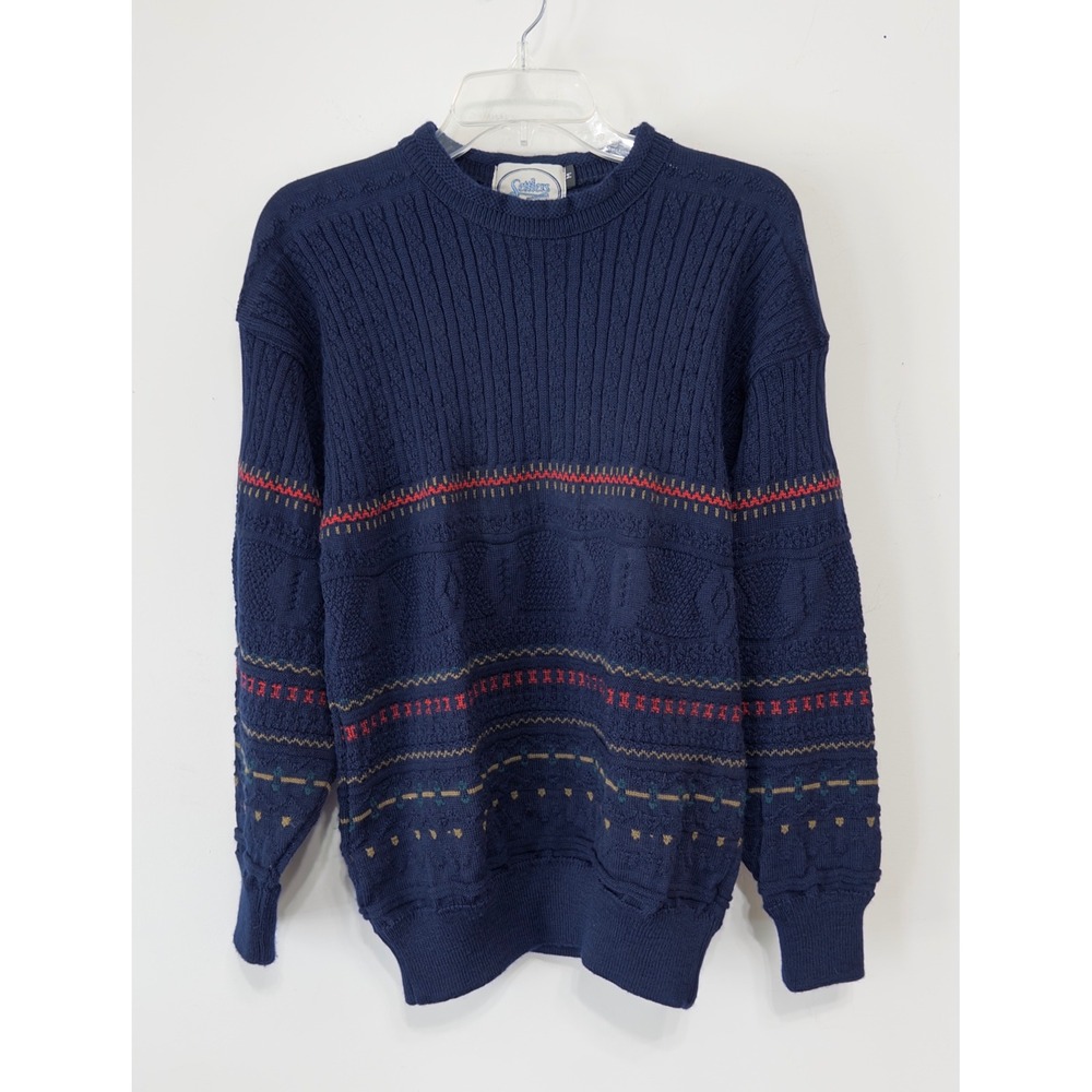 Settlers‎ New Zealand Mens sz M Pure New Wool Navy Blue Fair Isle Knit Sweater